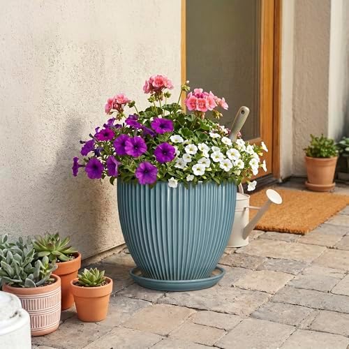 10 Inch Plant Pot, Ceramic Flower Pots with Drainage Hole and Saucer, Round Modern Planters for Indoor Plants, Decorative Plant Pots, Home Patio Decor, Plant Lover Gifts, Glaze Blue - Image 7