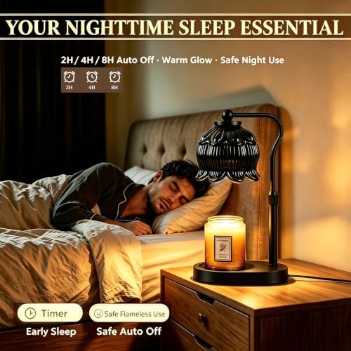 Briever Flower Candle Warmer Lamp, Adjustable Height Electric Candle Lamp with Timer & Dimmer, Wooden Base Wax Warmer, Christmas Birthday Housewarming Gifts for Women Mom, Black - Image 3
