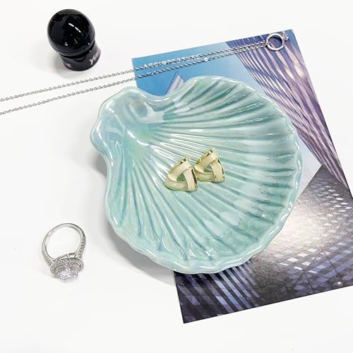 Ring Dish Shell Shape Ceramic Jewelry Dish Tray, Decorative Trinket Dish Organizing Rings Earrings Necklaces Keys for Mom Friend Sister, 3.9", Blue Iridescent Surface - Image 3