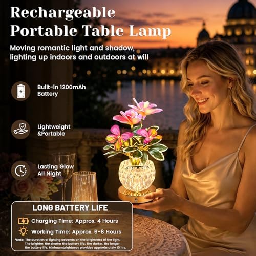 Flower Table Lamp, 3 Colors Touch Stepless Dimming Orchid Night Light, Rechargeable Artificial Flower Light, LED Flower with Vase Lamp Romantic Decor for Date Party Home (Pink - Cymbidium) - Image 4