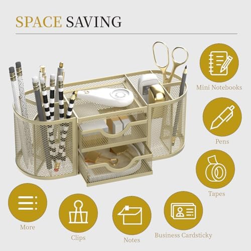 SUPEASY Mesh Desk Organizer, Pen Holder for Desk with 2 Drawers, Yellow - Image 4