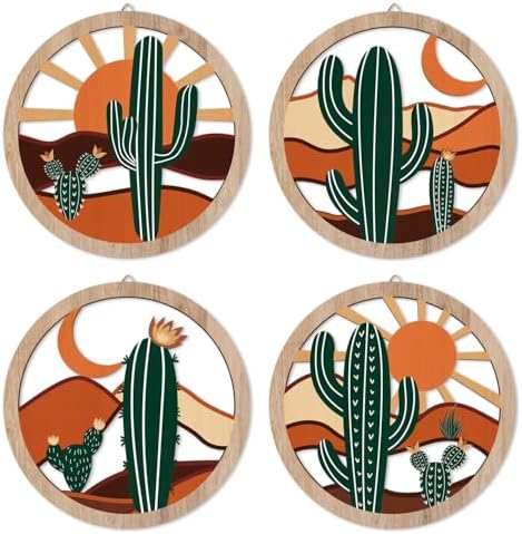 HPNIUB Boho Cactus Wall Decor, Rustic Desert Tropical Botanical Hanging Wood Sign for Living Room, Round Southwest Plant Wooden Plaque, Sun and Moon Wall Art for Apartment Office(10''x10'') by HPNIUB