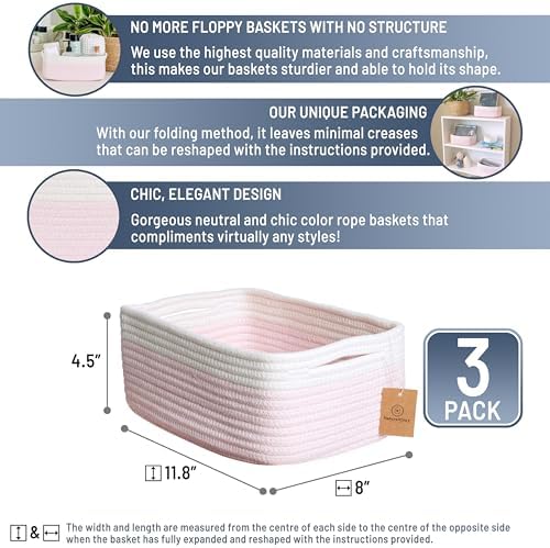 NaturalCozy 11.8"x8"x4.5” Rectangle Storage Baskets for Shelves 3 Pack | Cotton Rope Woven Small Baskets for Organizing | Small Storage Bins for Nursery, Bathroom, Closet, Shelf, Decorative, Gift - Image 2