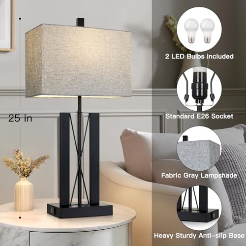 Lolikit 25" Table Lamps Set of 2, Modern Table Lamp for Living Room with 2 USB Charging Ports, Nightstand Geometric Industrial Bedside Lamp with Gray Shade for Bedrooms End Table Decor, Bulbs Included - Image 3