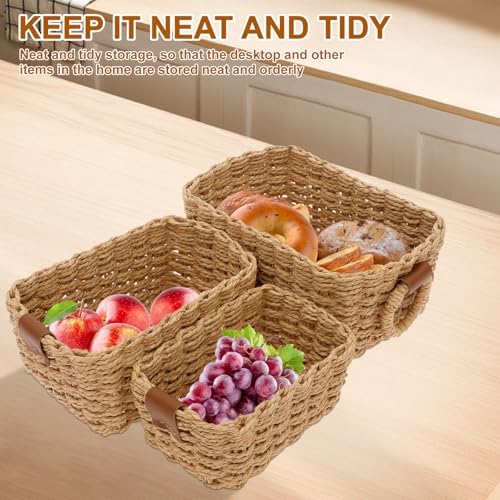 3Pcs Small Wicker Baskets, Small Woven Baskets for Organizing, Woven Storage Basket, Multipurpose Container Tabtop Bins, Desk Organizer for Shelves Bathroom Living Room - Image 5