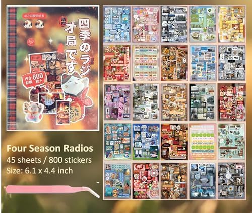 Japanese Retro Sticker Book, 800 Cartoon Stickers Book with Art Coated Paper Creative Activity Stickers for Adults, DIY Scrapbooking Phone Cases Laptops Party Gifts (Four Season Radio) - Image 2