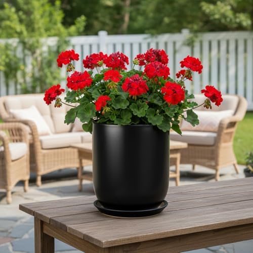 Ceramic Planter 8 Inch - Plant Pot for Indoor Outdoor Plants Cylinder Flower Pot with Drainage Hole and Saucer Black - Image 6