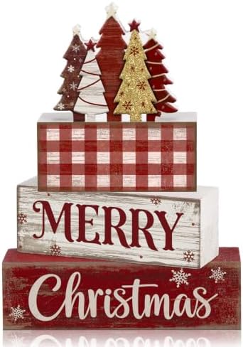 Moucuny 4 Pcs Christmas Table Decor Rustic Merry Wooden Christmas Tree Sign by Moucuny