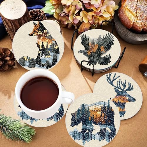 NEGEKFKX 8 Pcs Diamond Art Painting Coasters Kits,Animal Landscape Coaster with Holder for Adults, Non-Slip DIY Dot Paint Craft Kits,5D Full Drill DIY Diamond Dot Gem Art Kit Home Decor Arts Craft - Image 2