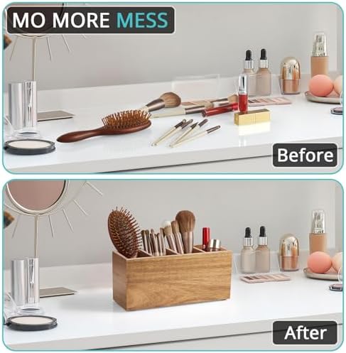 Bivvclaz Pencil Pen Holder for Desk, Acacia Wood Office Desk Organizers and Accessories with 4 Slots for Countertop, Makeup Brush Holder Organizer for Bathroom Vanity, Silverware Caddy for Party - Image 4