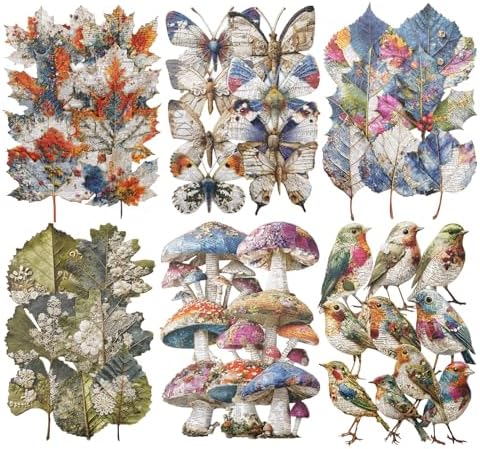 Retro Natural Collage Cardstock Sticker Pack – 60pcs Butterflies Birds Leaves Mushrooms DIY for Scrapbook Junk Journal Cardmaking Tags Collage & Item Decoration by Auriicleaf