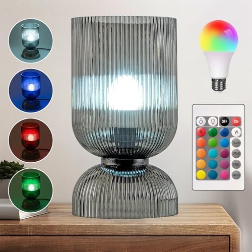Modern RGB Glass Table Lamp with Remote，Color Changing Bedside Lamp with Ribbed Glass Shade, 16 Colors, On/Off Cord Switch, Nightstand Lamp for Bedroom, Living Room, Office, Bulb Included by Unknown