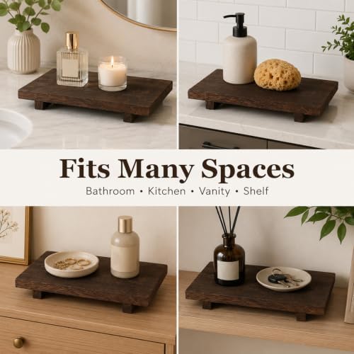 11.8 x 6 Inch Large Solid Wood Elevated Riser Pedestal Stand, Rustic Farmhouse Decorative Display Tray for Kitchen Counter Sink Bathroom Vanity, Holds Soap Plants Candles Perfume Bottles, Brown - Image 3