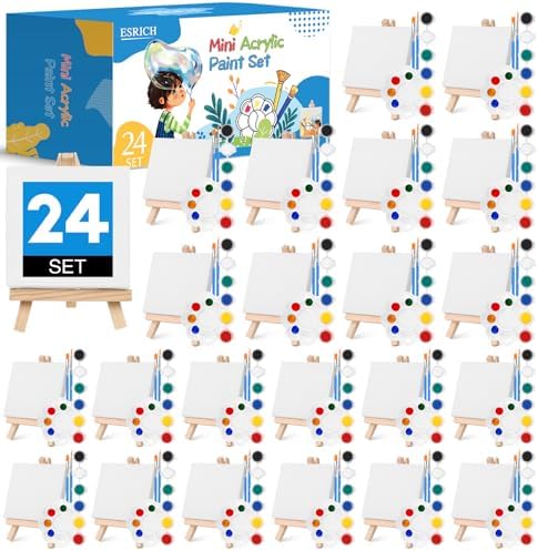ESRICH 24 Set Mini Acrylic Paint Kit, Mini Stretched Canvas with Easel by ESRICH
