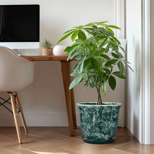 Ceramic Planter - 12 Inch Pots for Plants with Drainage Hole and Saucer, Round Planter for Indoor Outdoor, Large Plant Pot, Modern Planters, Garden Patio Decor, House Warming Gifts, Green - Image 3