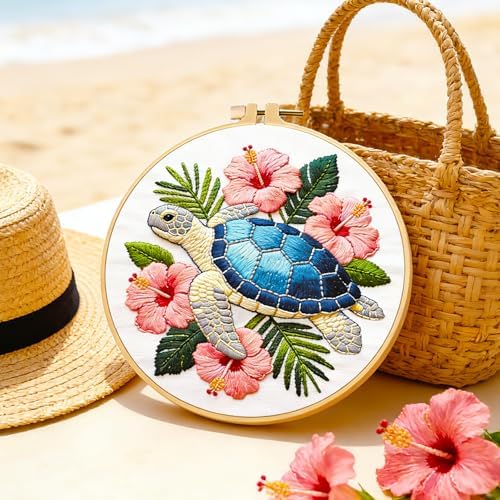 BEUNITONE 4 Pack Beginner Embroidery Kit for Adults, Marine Animals Flowers Pre-Stamped Pattern Needlepoint Kits with Hoops & Instruction, Handmade Embroidery Kits for Fabric and Home Decor 7.9x7.9 - Image 5