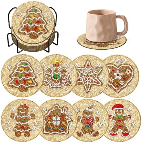 8 Pieces Christmas Gingerbread Man Diamond Coasters Kits with Holder DIY Christmas Gingerbread Man Diamond Art Coaster Coaster for Adults Diamond Kits Supplies by Demonwer