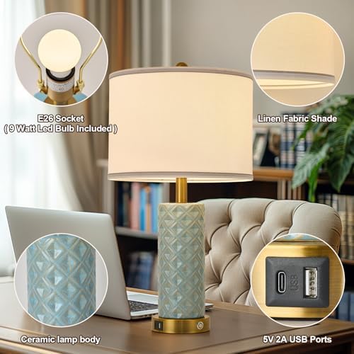 Set of 2 Table Lamp for Living Room Bedroom Farmhouse,26'' Touch Control Bedroom Spa Blue Ceramic Lamps 3-Way Dimmable Bedside Lamps with USB A+C Ports Linen Shade for Home - Image 5