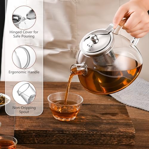 Ehugos Glass Teapot with Removable Infuser, 1300ml/44 oz Stovetop Safe Hand Crafted Clear tea kettle for Loose Leaf Tea, Hot/Iced Water, Juice Beverage - Image 2