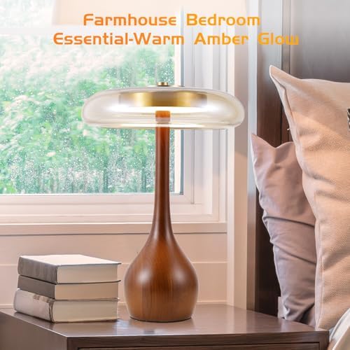 Small Table Lamp for Bedroom, Wooden Base, Teardrop Mushroom, H 12.4 In - Image 6