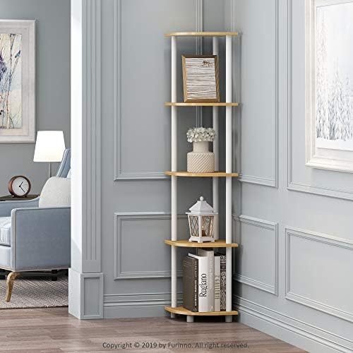 Furinno TURN-N-TUBE Corner Shelf, 5-Tier Corner Bookshelf, Open Storage Shelves, for Organization and Storage, Living Room, Home Office, Garage, Bedroom, Beech - Image 2