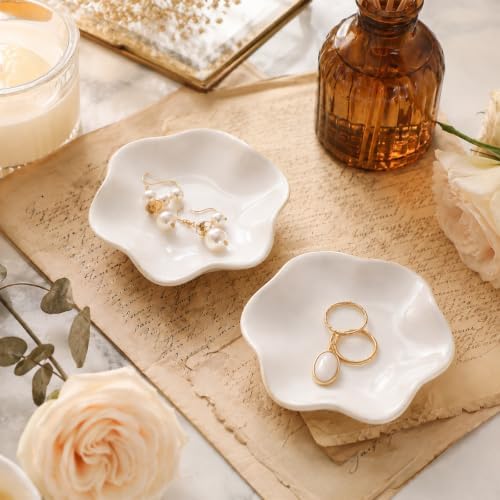 9 Pcs Ceramic Jewelry Dish Bulk White Lotus Leaf Shape Ring Holder Dish, Small Key Bowl Decorative Ring Tray, Ceramic Trinket Tray for Earrings, Rings, Key Bowl (White, 4.3in) - Image 4