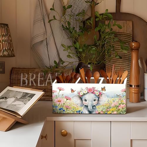Elephant Pen Pencil Holder for Desk Accessories, Elephant Gifts for Women & Kids, Rustic Butterfly Flower Wild Animal Wooden Box Sign Decorations for Kids Room Home Office Desk Tabletop - Image 6