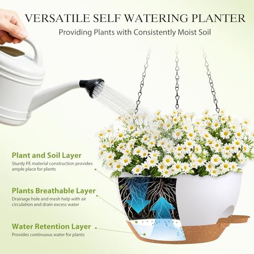 10 Inch Hanging Baskets 2 PC with Chains, Self-Watering Hanging Planters for Indoor Outdoor Plants, Plastic Hanging Flower Pots,White Brown - Image 4