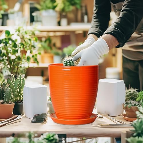 8 Inch Plant Pot, Ceramic Planters for Plants with Drainage and Saucer, Orange - Image 4