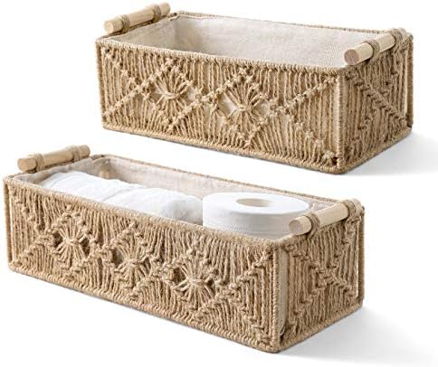 Mkono 2Pc Macrame Storage Basket, Boho Decor Toilet Paper Organizer, Brown by Mkono