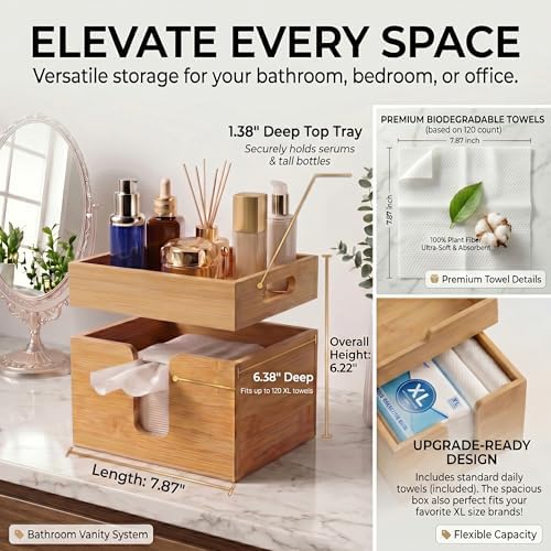 Bamboo Face Towel Holder, XL Facial Towel Organizer with Tray - Image 4