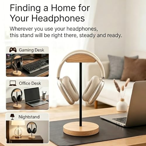 Headphone Stand Nature Wood & Metal Headset Hanger Mount Hook Gaming Holder Desktop Earphone Artful Functional Craftmanship Stand for All Headsets with Solid Wooden Base - Image 6