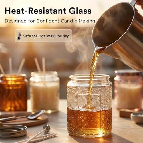 LumaCraft Luxury Embossed Glass Candle Jars for Making Candles - 12 Pack Empty Candle Containers with Lids, 20 Wicks & 20 Stickers, Colored Glass Jars for Gifts & Decor - Image 5