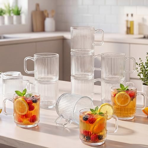 12 Pack Glass Coffee Mugs with Handles, 12 Ounces Glass Breakfast Mugs Bulk, Clear Tea Cups for Hot/cold Drinks, Glassware Set for Americano, Latte, Cappuccino (Classic) by Acellegic
