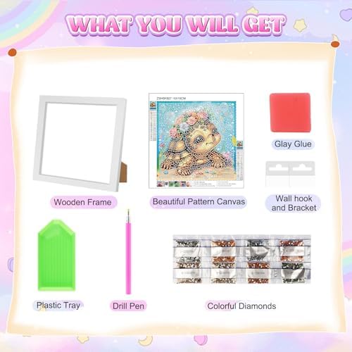 GHHKUD Cute Turtle Diamond Art Painting Kits for Adults with Frame, Diamond Art Animals Crafts for Ages 4-6-8-12, Easy to DIY Gem Painting Gifts Home Wall Deco 15x15cm (Beautiful Packages) - Image 7