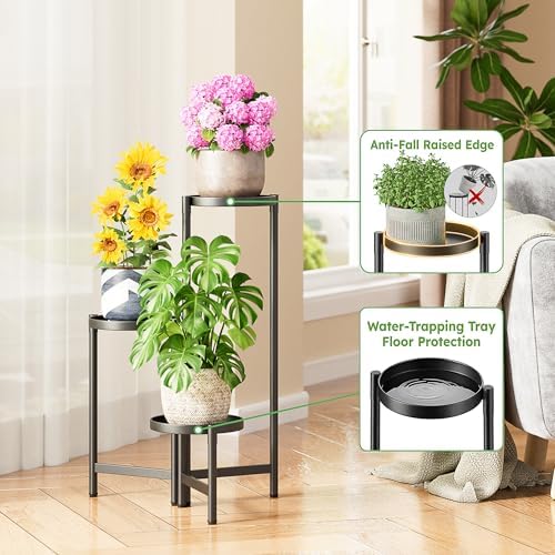 3 Tier Large Plant Stand Indoor with 7.9 Inch Wide Tray, Tiered Corner Metal Outdoor Flower Holder Stand, Folding Tall Rack for Display Shelf for Patio Porch Balcony - BlackDisk - Image 4