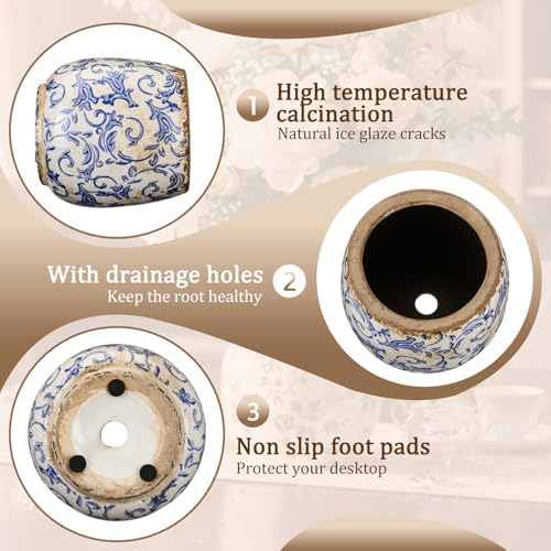 SiliFine Ceramic Planter Ice Crackle Drainage Holes,Vintage Style - Image 4
