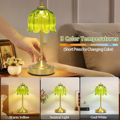 Cordless Table Lamp, Rechargeable Green Glass Lotus Flower Lamp - Image 3