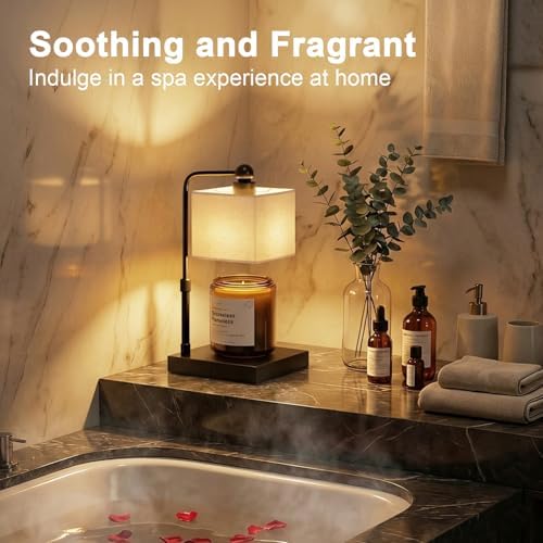 Candle Warmer Lamp with Timer, Dimmable, Adjustable Height, Modern Farmhouse Linen Shade, Black Candle Warming Lamp for Up to 6-Inch Jar Candles, 2 Bulbs Included - Image 6