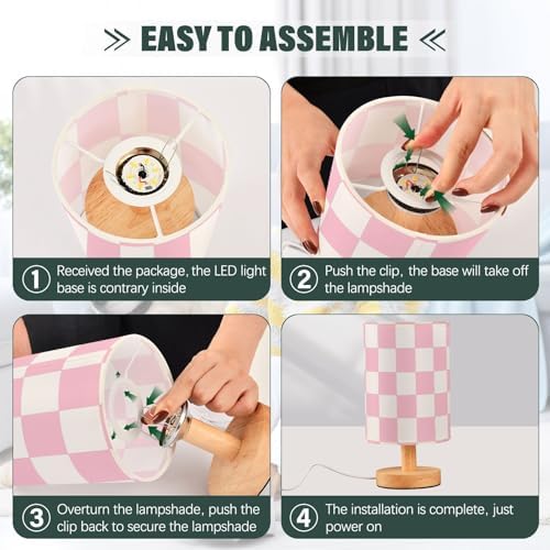 ALAZA Pink Checkerboard Bedside Table Lamp for Bedroom Girls Boys Nightstand Lamps with USB Port LED Bulb Wood Base Desk Living Room Decor Gifts - Image 5