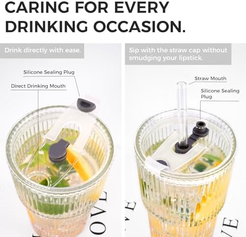 4PCS 20oz Glass Cups with Lids and Straws, Iced Coffee Cups with Lids, Stylish Ribbed Thick Drinking Glasses Tumbler for Juice, Smoothies, Cold Beverages, Cute Cup Gifts with Clean Brush - Image 5