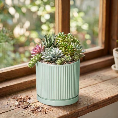 Ceramic Plant Pots, 4 Inch Pots for Plants with Tray, Mint Green - Image 3