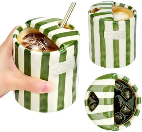 Ceramic Coffee Mug Novelty Ceramic Travel Mug Cute Espresso Cups To Go Anthropologie Latte Cups Aesthetic Green Pottery Mugs With Sip Hole 10oz Clay Striped Vintage Handmade Coffee Cup for Home by Unknown