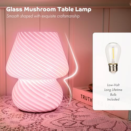 ULAROOM Battery Operated Mushroom Lamp - Vintage Small Table Lamp With Timer, Cordless Bedside Nightstand, Glass Battery Powered for Bedroom Kitchen Living Room Shelf Decor Aesthetic Pink - Image 6