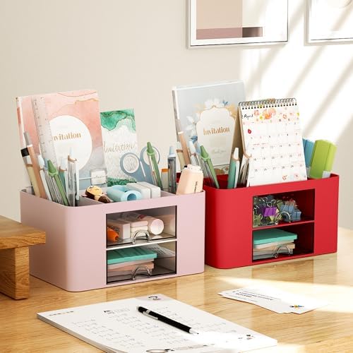 Marbrasse Pen Organizer with 2 Drawer, Multi-Functional Pencil Holder for Desk, Desk Organizers and Accessories with 5 Compartments + Drawer for Office Art Supplies (Red) - Image 5
