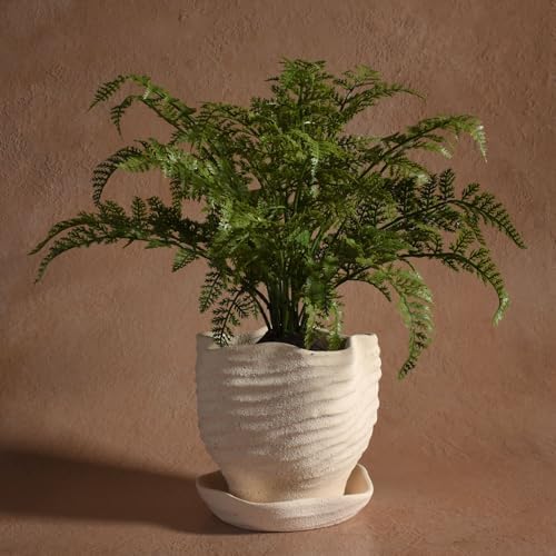 Sandy Ridge 5" Ceramic Planter with Saucer, Light Tan - Image 3