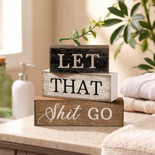 Moucuny 4 Pcs Wooden Block Signs Farmhouse Table Decoration for Bathroom - Image 4