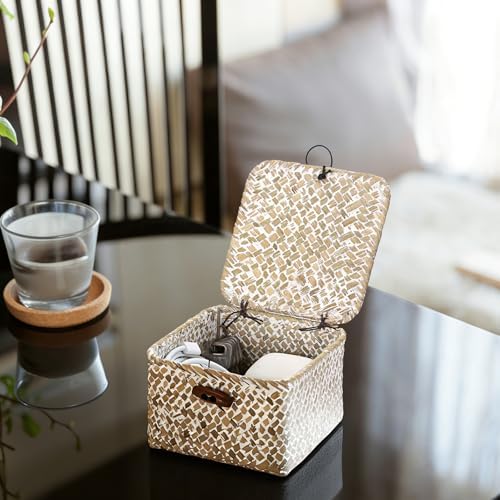 Hipiwe Handwoen Seagrass Basket with Lid Mini Woven Wicker Box,3.5"x3.5"x2" - Image 5