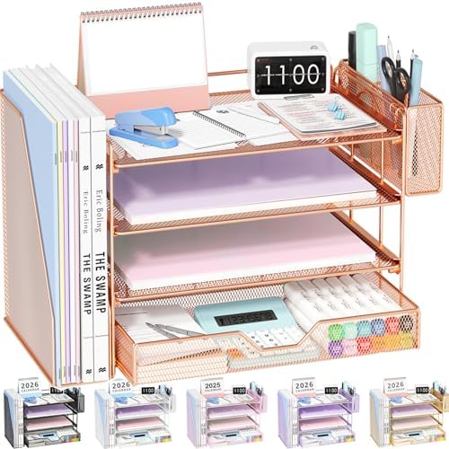 OPNICE Desk Organizers and Accessories, 4-Tier Desktop File Organizer with Drawer and Pen Holders, Office Desk Accessories Workspace Organizers for Office Supplies (Rose Gold) by OPNICE