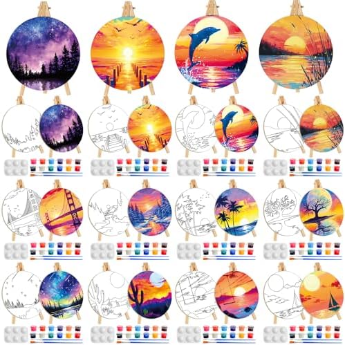 Supervitae 72 Pcs Landscape Round Pre Drawn Canvas Kit 5.9" Paint & Sip Kit by Supervitae